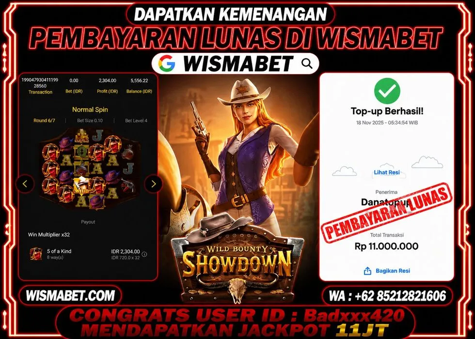 Wismabet - BUKTI KEMENANGAN Wild Bounty Showdown Rp11,000,000,- LUNAS